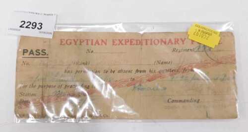 An Official Military Pass, giving permission for a solider to be absent from his quarters,...
