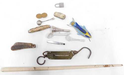 A white painted conductor's baton, two ceramic spoons, penknives, a Salter Pocket Balance No. 61...