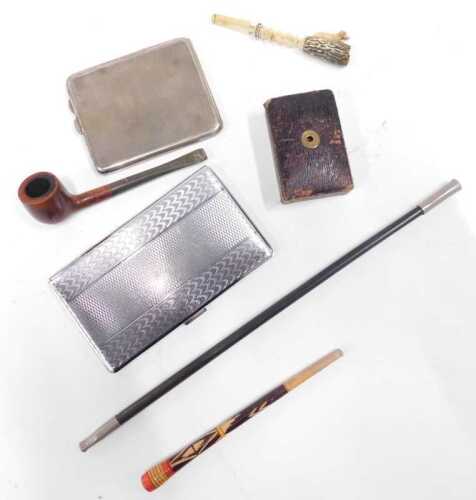 Smoking ephemera, to include cigarette tins, pipes, a treen matchbox with internal shagreen...