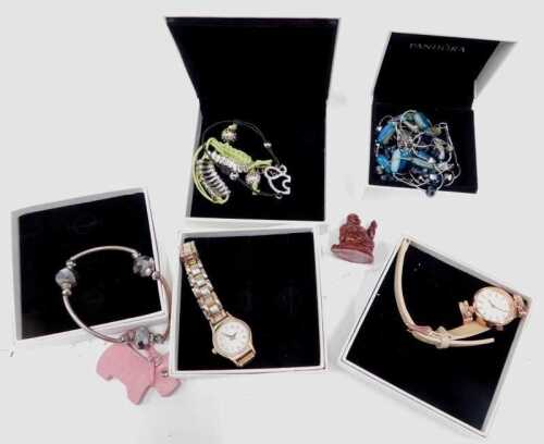 Various costume jewellery and fashion watches, in Pandora boxes.