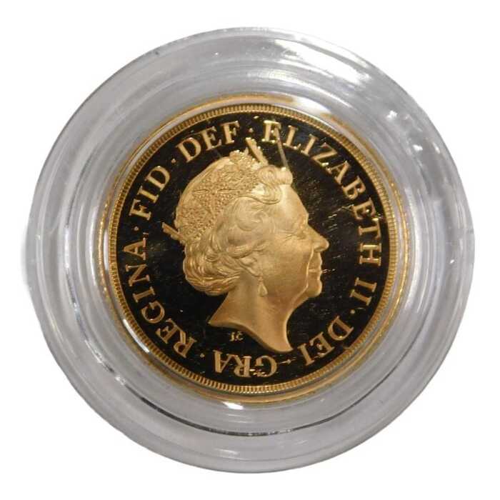 A Royal Mint Queen Elizabeth II gold full proof sovereign 2018, in capsule, with outer box, and...