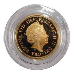 A Royal Mint Queen Elizabeth II gold full proof sovereign 2018, in capsule, with outer box, and...