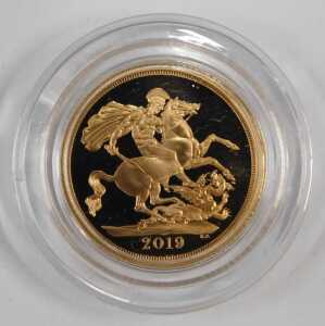 A Royal Mint Queen Elizabeth II gold full proof sovereign 2018, in capsule, with outer box, and... - 2
