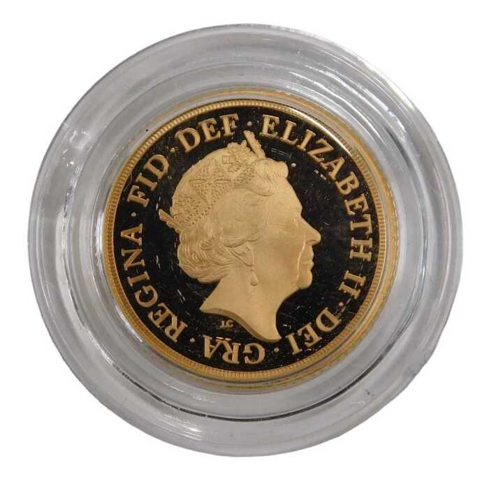 A Royal Mint Queen Elizabeth II gold full proof sovereign 2021, in capsule, and outer box with...