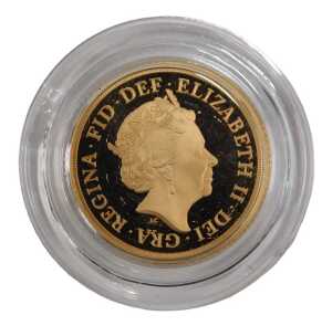 A Royal Mint Queen Elizabeth II gold full proof sovereign 2021, in capsule, and outer box with...