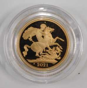A Royal Mint Queen Elizabeth II gold full proof sovereign 2021, in capsule, and outer box with... - 2