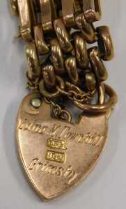 A 9ct gold gate bracelet, with heart shaped clasp, marked 9ct, and engraved Edna M Townhill... - 3