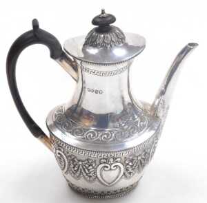 A Victorian silver four piece tea and coffee service, embossed with acanthus leaves, bow tied... - 2