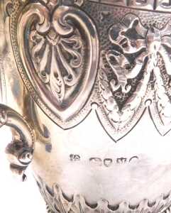 A Victorian silver four piece tea and coffee service, embossed with acanthus leaves, bow tied... - 8