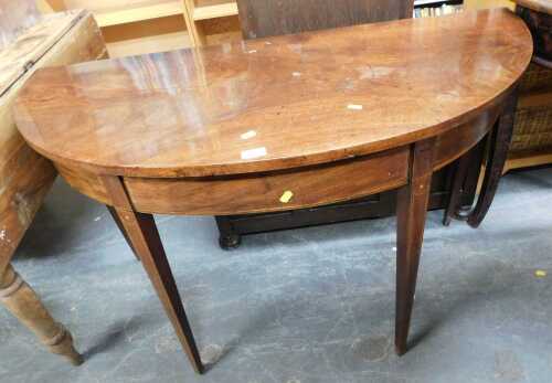 A 19thC mahogany D end table, with line inlay, raised on square tapering legs, 72cm high, 111cm...
