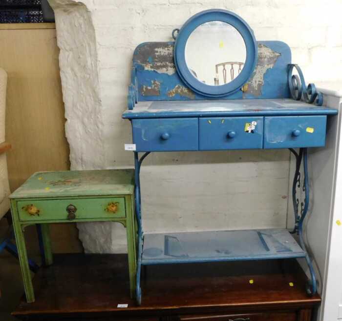 A blue painted metal and wooden mirror back dressing table, together with a green painted wooden...