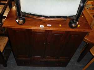 An oak television cabinet, with folding panelled doors and a door to the base, together with a...