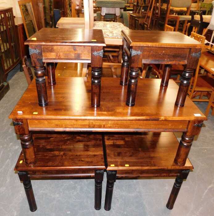 A group of hardwood furniture, comprising coffee table, 40cm high, the top 112cm x 59cm, and a...