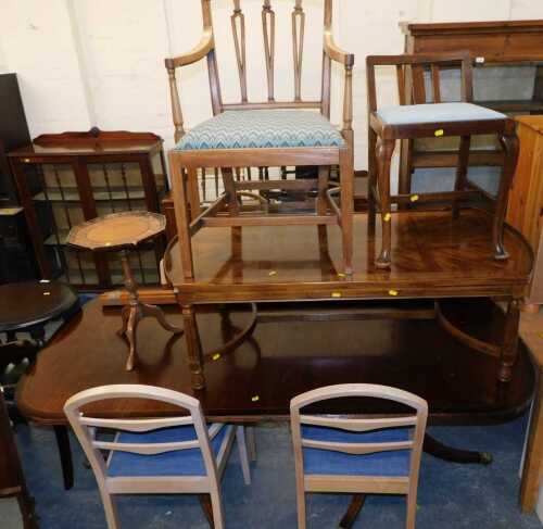 Furniture, to include a mahogany and boxwood line inlaid extending twin pedestal dining table,...