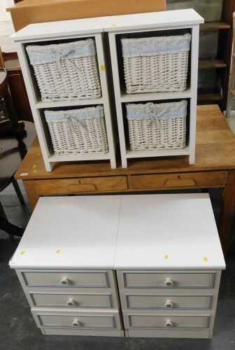 Furniture, to include two three-drawer bedside chests, a pine veneer chest, mahogany two drawer...