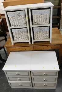 Furniture, to include two three-drawer bedside chests, a pine veneer chest, mahogany two drawer...
