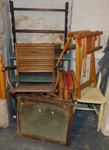 Furniture, to include director's type chairs, wall hanging shelf, painted open bookshelf, etc....
