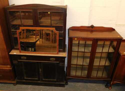 Furniture, to include a mahogany display cabinet, the top with a raised back above glass leaf...