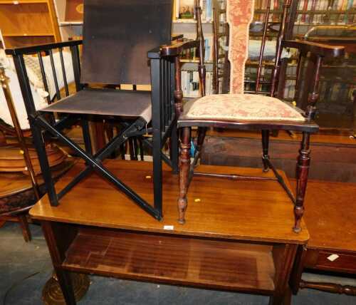 Furniture, comprising a mahogany two tier side table, a spindle back chair, director's type...