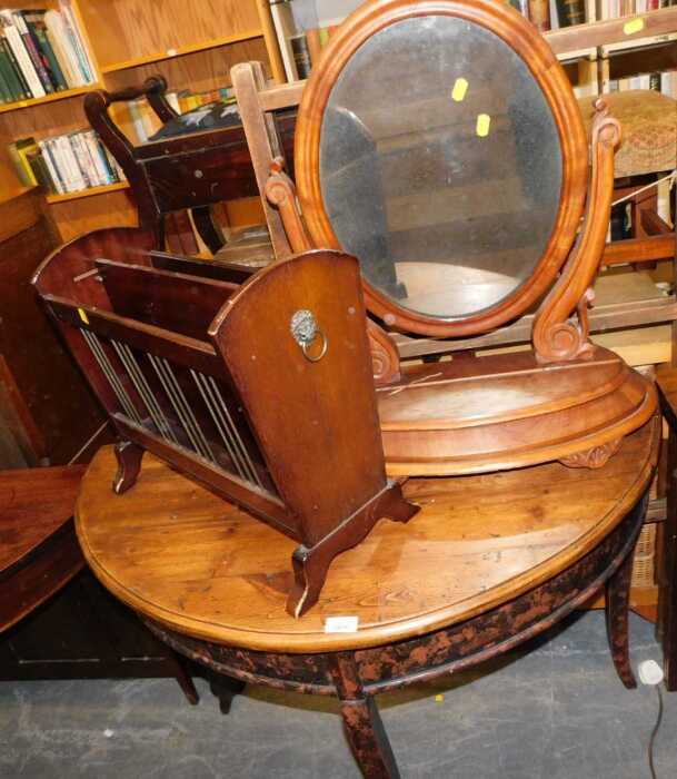Furniture, to include a pine D end table, on a scumbled base, a mahogany magazine rack, together...