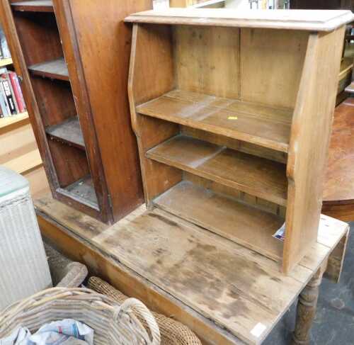A Victorian pine drop leaf table, raised on turned legs, 73cm high, 103cm wide, together with a...