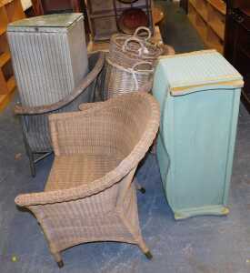 Three wicker tub chairs, together with a Lloyd Loom style green painted corner linen basket, and...