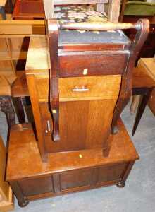 Furniture, to include piano stool with tapestry work top, an oak linen box, side cabinet,...