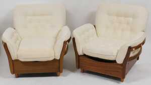A mid century teak framed three seater sofa, with cream button back and loose cushion seats,... - 3