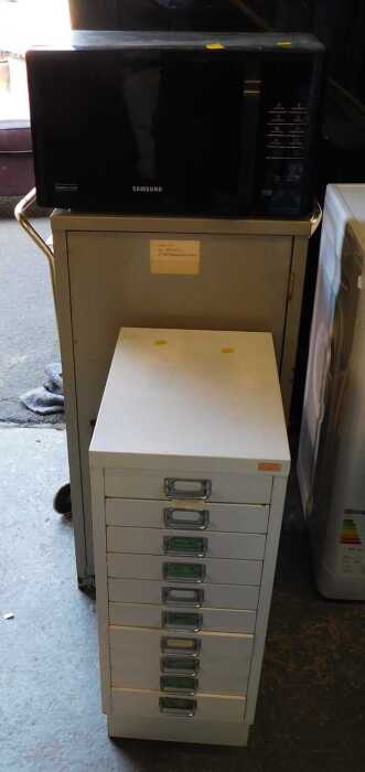 V - A Ryman Conran multi-drawer cabinet, together with a further metal cabinet, a two tier trolley,...