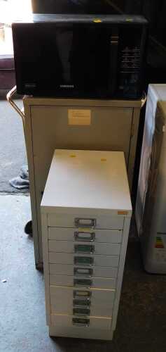 V - A Ryman Conran multi-drawer cabinet, together with a further metal cabinet, a two tier trolley,...