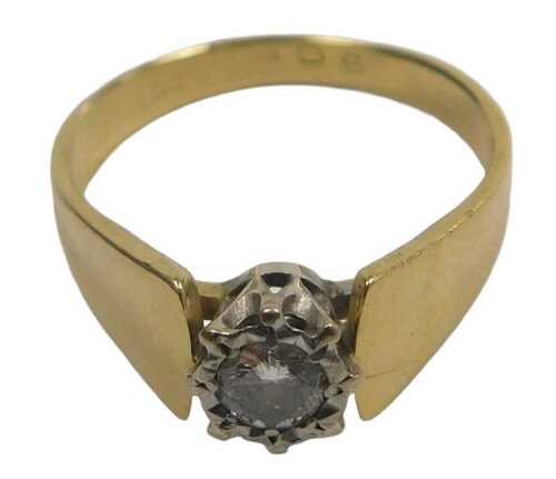 An 18ct gold and diamond solitaire ring, in a claw setting, with arched shoulders, in yellow...