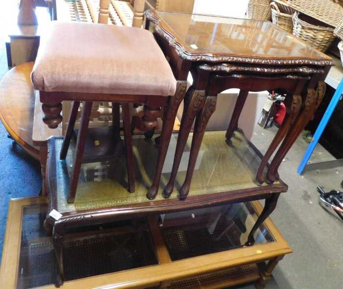 Furniture, to include a nest of tables, glass top coffee table, with a caned under tier,...