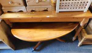 A pine dining table, raised on turned legs, 73cm high, the top 134cm x 70cm, together with a yew...