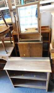 A group of furniture, comprising an oak open bookcase, swing frame mirror, pine hanging shelf,...