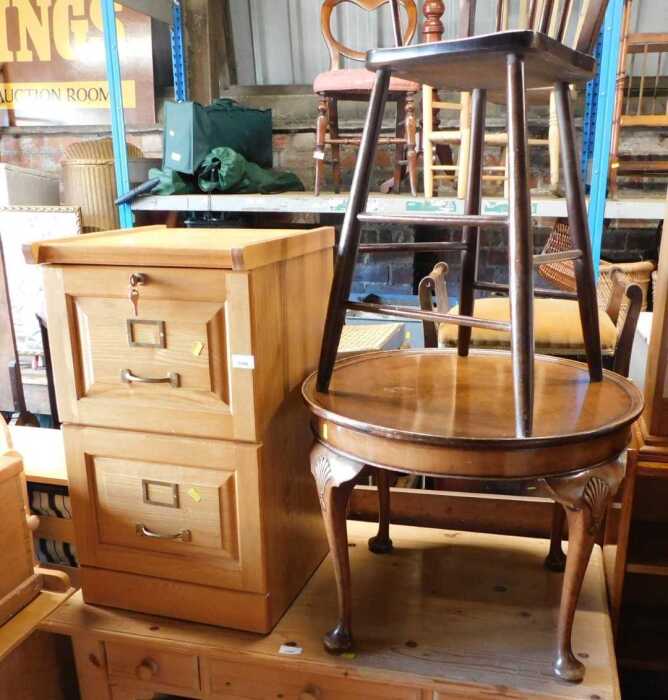 Furniture, comprising an oak two drawer filing cabinet, child's highchair, coffee table, oak...