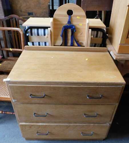 Furniture, comprising an oak three drawer chest, a Z-bed, a child's highchair, and three...