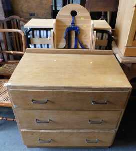 Furniture, comprising an oak three drawer chest, a Z-bed, a child's highchair, and three...