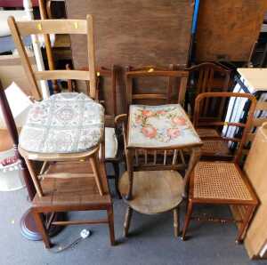 Various chairs, differing periods, and two standard lamps. (a quantity)