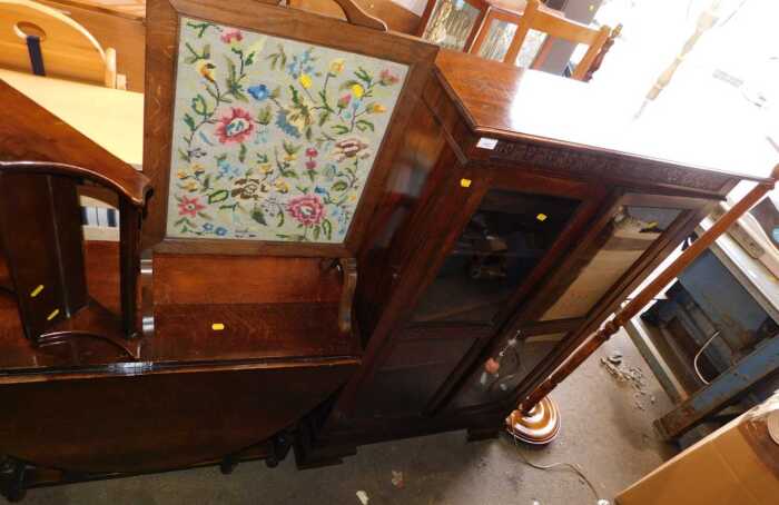 Furniture, comprising an oak gate leg table, an Ercol dark elm wall hanging shelf, fire screen...