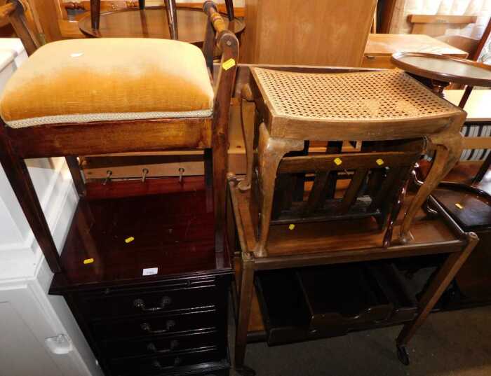 Furniture, to include narrow chest, piano stool, magazine rack, wine table, etc. (a quantity)