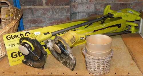 Two Ryobi strimmers, together with a G-Tech hedge trimmer and branch cutter, and a small...