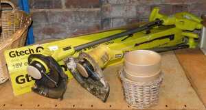 Two Ryobi strimmers, together with a G-Tech hedge trimmer and branch cutter, and a small...