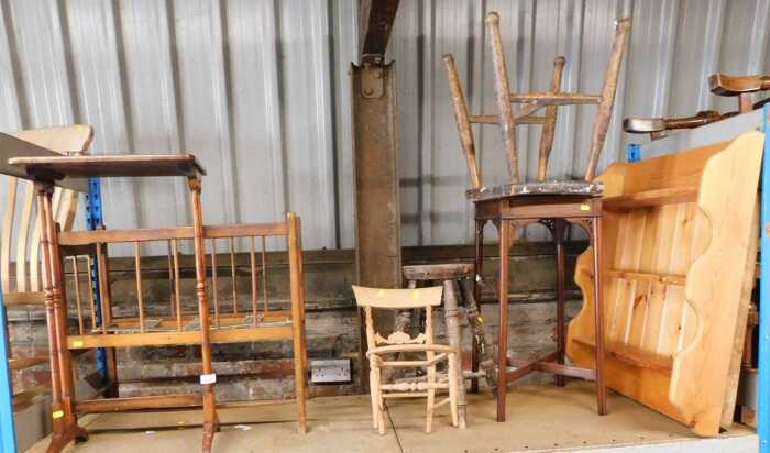 Furniture, to include pine wall hanging plate shelf, occasional tables, doll's chair, stool, etc....