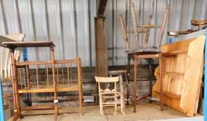 Furniture, to include pine wall hanging plate shelf, occasional tables, doll's chair, stool, etc....