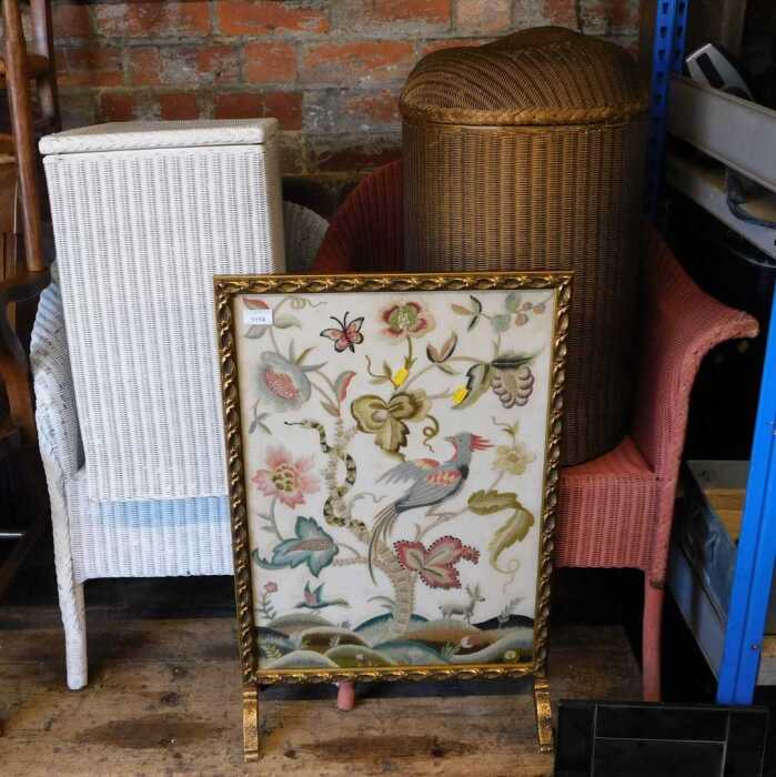 Various Lloyd Loom style painted wicker furniture, together with a fire screen, inset with a...