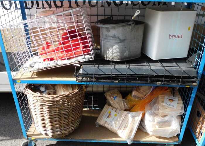 Two animal crates, together with a galvanised metal mop bucket, a bread bin, together with...