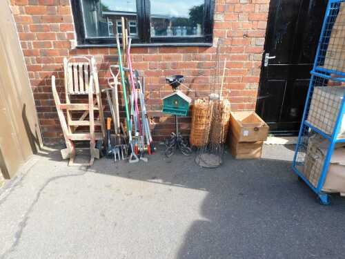 Garden effects, to include tools, birdhouse, wooden crates, sack barrow, etc. (a quantity)