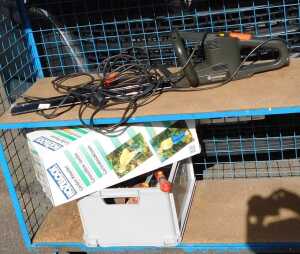 A Gardena EHT410 electric hedge trimmer, together with a garden kneeler and other tools.