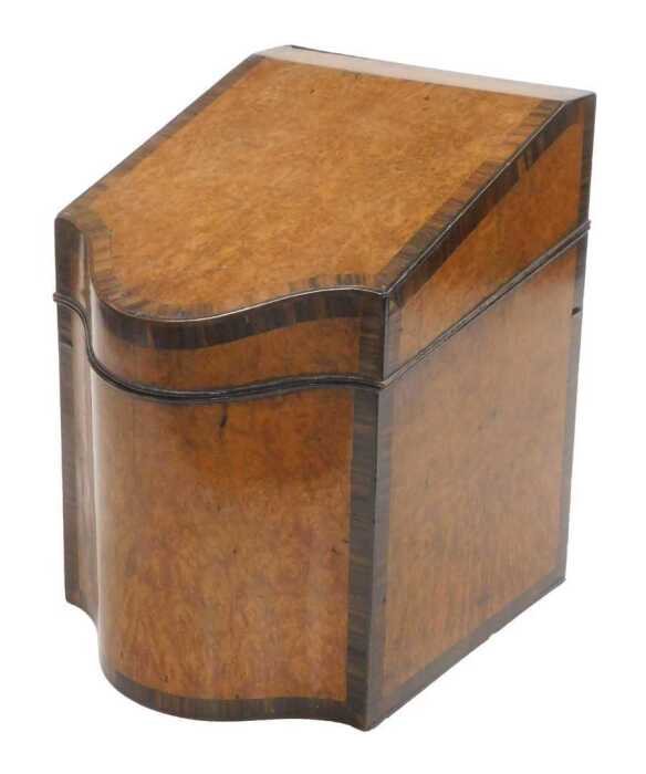 A Georgian burr walnut serpentine fronted knife box, with rosewood crossbanding, the hinged lid...