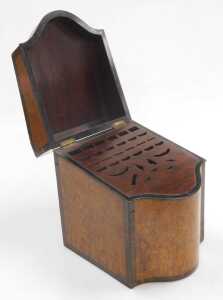 A Georgian burr walnut serpentine fronted knife box, with rosewood crossbanding, the hinged lid... - 2